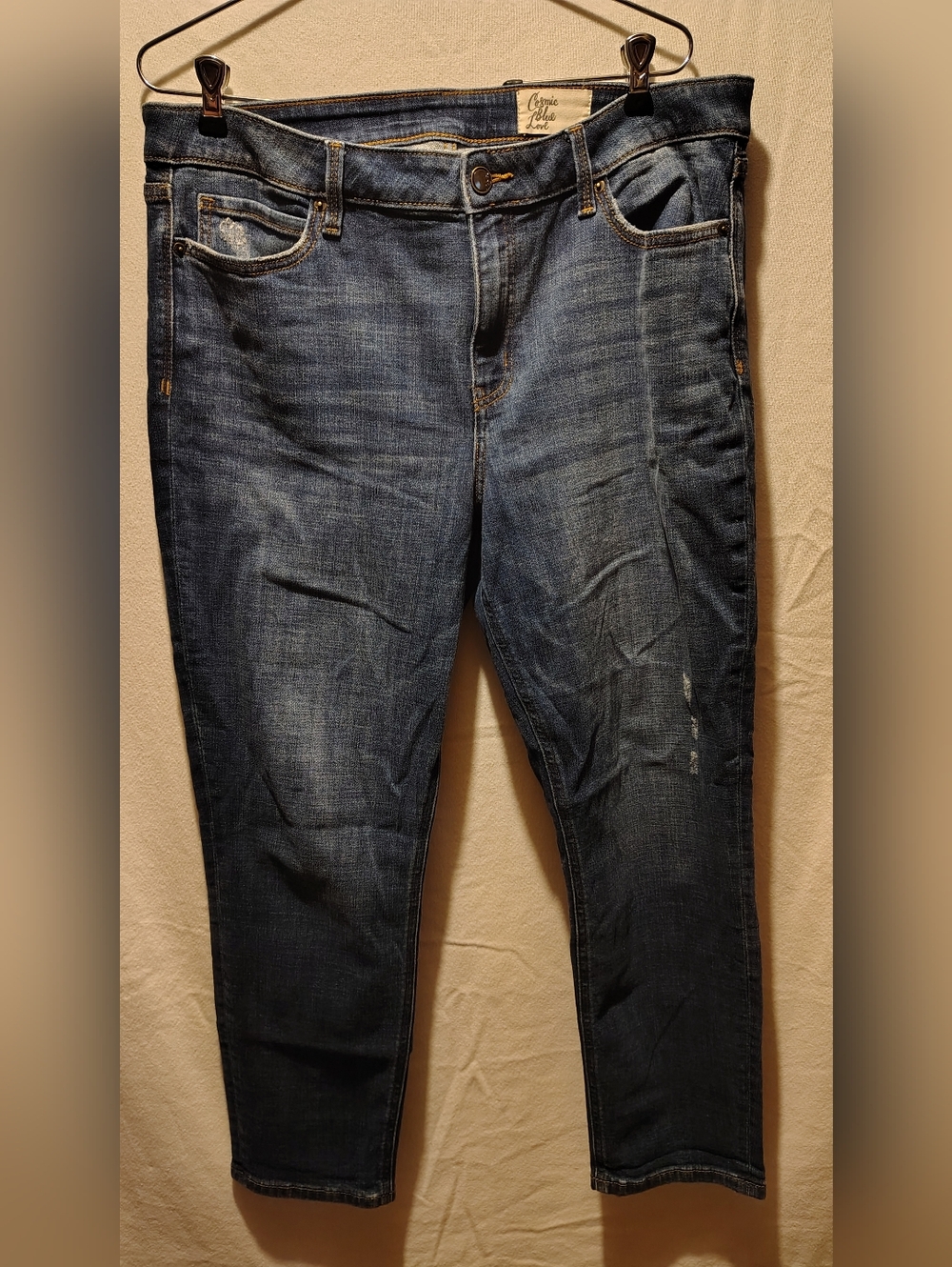 Cosmic Blue Love Women's Boyfriend Cut Relaxed Fit Distressed Indigo Jeans SZ 33